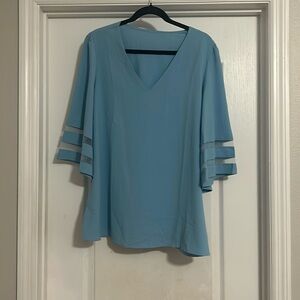 NY Collection Light Blue V-Neck Flutter Sleeve Blouse